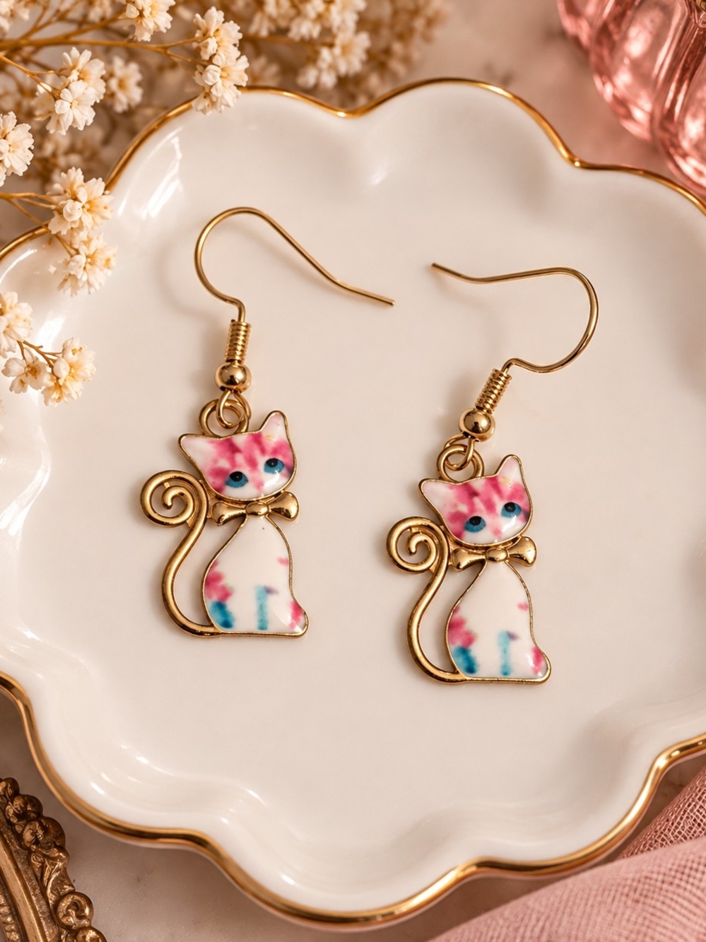 Gold Cat Drop Earrings with Pink & Blue Enamel - New